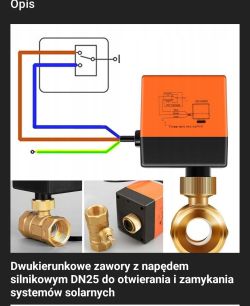 Zawór dwukierunkowy DN25 z napędem silnikowym, schemat podłączenia elektrycznego z trzema przewodami.