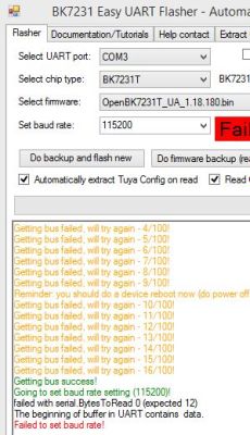 Screenshot of BK7231 Easy UART Flasher showing UART communication errors