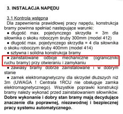 Fragment instrukcji instalacji napędu bramy z wyróżnionym punktem dotyczącym odbojów mechanicznych.