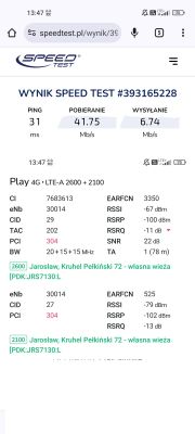 Zrzut ekranu z wynikiem testu prędkości Internetu dla sieci 4G LTE na częstotliwościach 2600 + 2100.