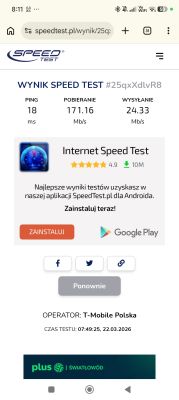 Zrzut ekranu wyniku Speedtest: ping 18 ms, pobieranie 171,16 Mb/s, wysyłanie 24,33 Mb/s