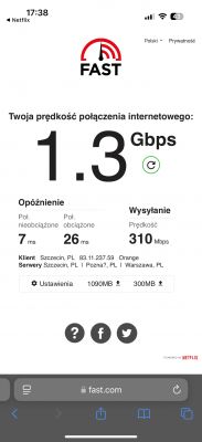 Zrzut ekranu z testu prędkości internetu na stronie fast.com, pokazujący wynik 1,3 Gbps.