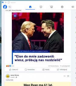 Zrzut ekranu z Facebooka pokazujący post z wiadomością i zdjęciem dwóch mężczyzn w garniturach.
