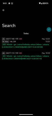 Zrzut ekranu z aplikacji pokazujący informacje o połączeniu sieciowym w rejonie Witulin, gmina Leśna Podlaska z wieżą Cellnex.