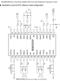 Schemat aplikacji wzmacniacza AD52580B w konfiguracji stereo BTL.
