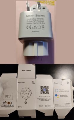 Image of a smart plug and its packaging.