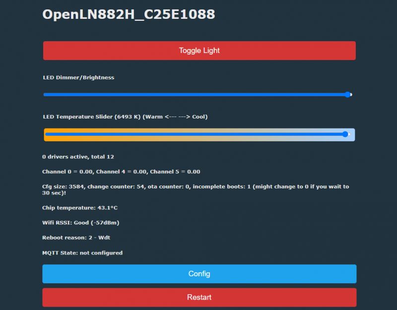 OpenLN882H Interface for Managing LED Lighting Screenshot of OpenLN882H interface with LED brightness and temperature slider.
