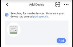 Device adding app screen with nearby device search in pairing mode.