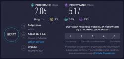 Zrzut ekranu z wynikami testu prędkości internetowej pokazujący pobieranie 2.06 Mbps i wysyłanie 5.17 Mbps.