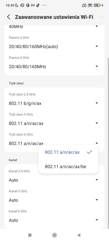 Zrzut ekranu zaawansowanych ustawień Wi-Fi z widocznymi trybami sieci i pasmami