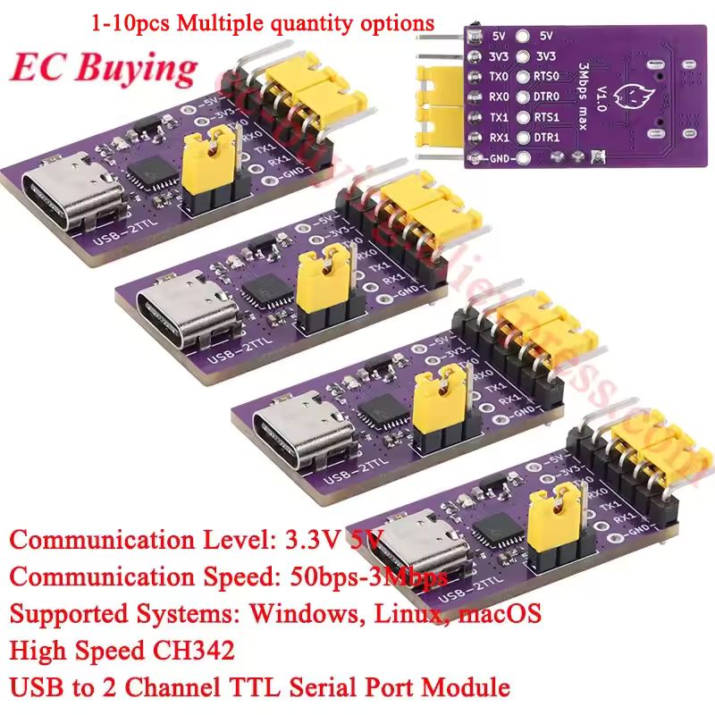 CH342 USB-C to dual UART modules with DTR/RTS pins and 3.3 V/5 V support