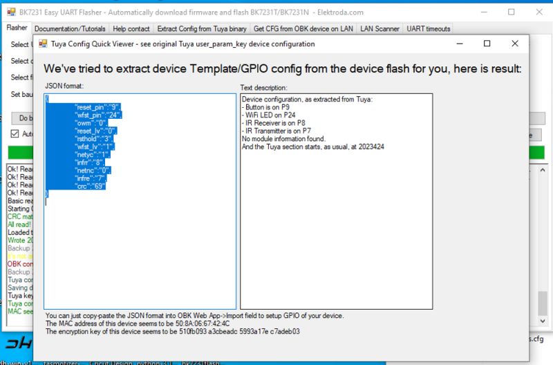 Tuya Config Quick Viewer Screenshot Screenshot of Tuya Config Quick Viewer with extracted GPIO configuration.