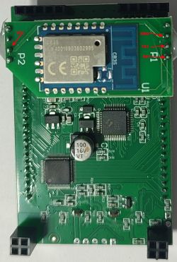 CB3S module on green PCB with labeled UART pins: VCC, GND, TX1, RX1