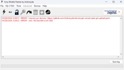 Okno Sony Mobile Flasher z czerwonymi błędami synchronizacji i komunikatem „root: this bundle is not valid”