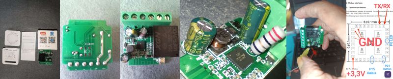 Smart Switch PCB Pinout and Details A collage of six images displaying a Smart Switch PCB, its electronic components, and a pinout diagram.