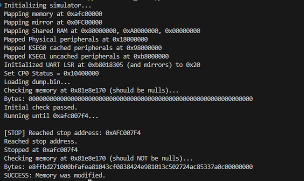 MIPS emulator console showing successful RAM memory modification