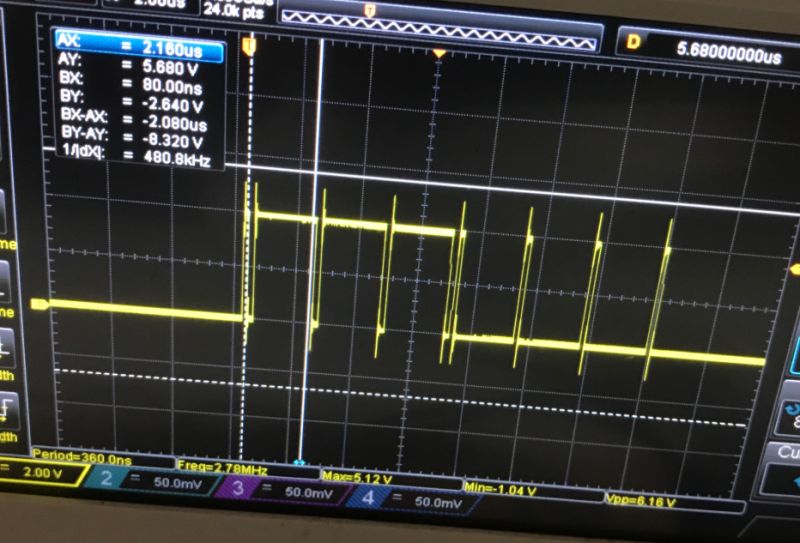 WS2812 LED Control Signal Analysis on Oscilloscope Oscilloscope graph showing signal pulses for WS2812 LED control.