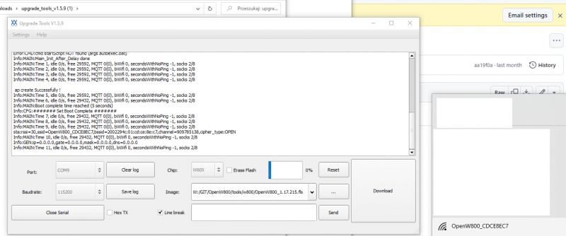 User interface of software update tool with open log and settings.