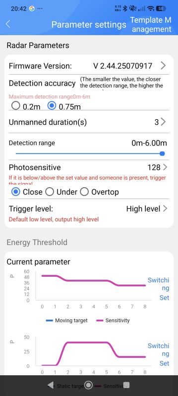 Radar parameter settings screen with sensitivity and motion graphs