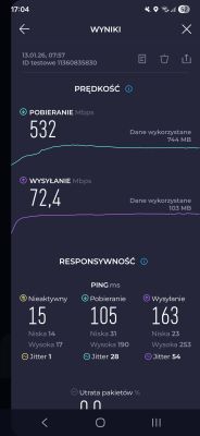 Zrzut ekranu z aplikacji pokazującej wynik testu prędkości internetu: 532 Mbps pobierania i 72,4 Mbps wysyłania