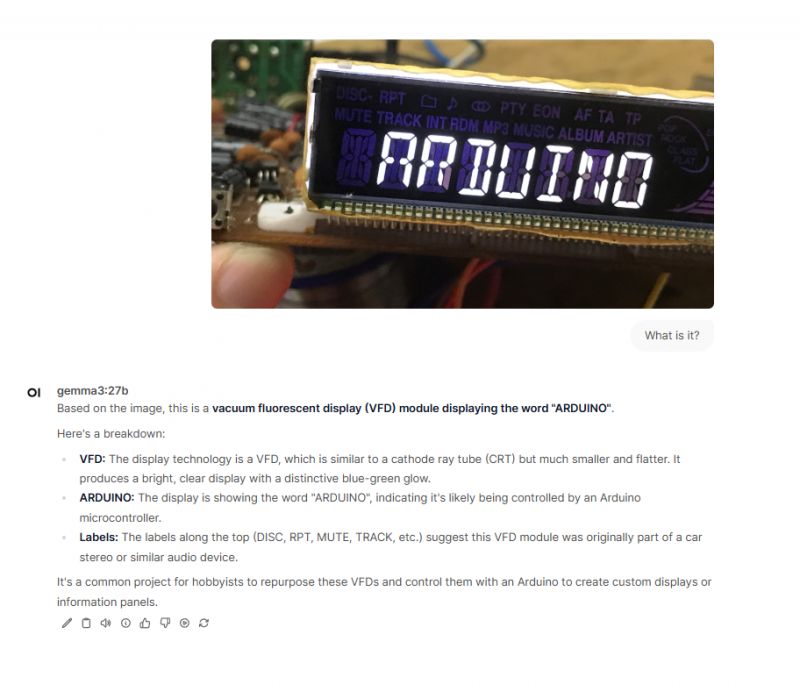 VFD Display with ARDUINO Vacuum fluorescent display showing the word ARDUINO.