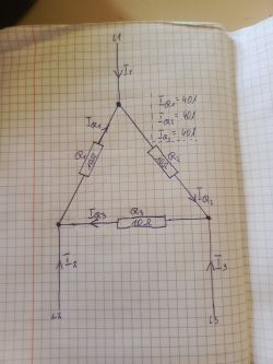 Schemat połączenia trójkątnego trzech grzałek 10Ω z oznaczonymi prądami I1, I2, I3 i napięciem 400V.