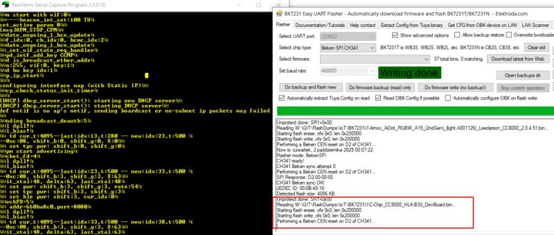 RealTerm and BK7231 Easy UART Flasher interfaces with completed firmware write