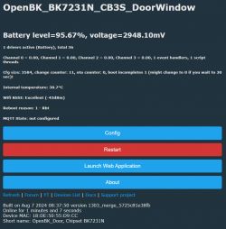 Screenshot of the OpenBK_BK7231N_CB3S_DoorWindow user interface displaying device status information.