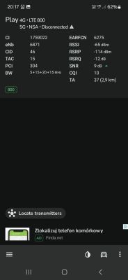 Zrzut ekranu aplikacji NetMonster prezentujący parametry sieci LTE 800 MHz w Play: RSRP -114 dBm, SNR 9 dB, stacja bazowa oddalona o 2,9 km.