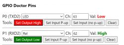 Screenshot of the GPIO Doctor interface showing settings for pins P0 and P1.
