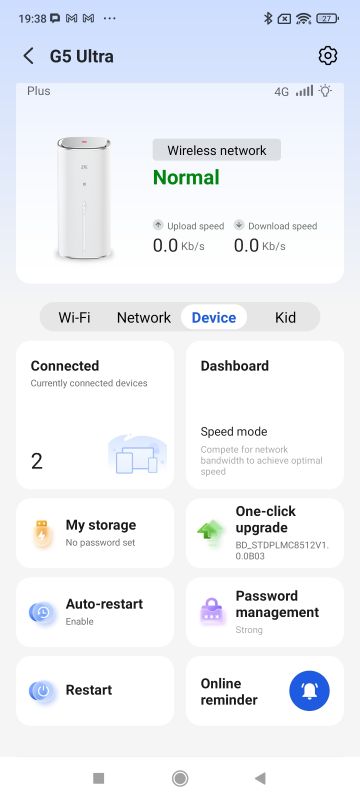 Ekran aplikacji Smart Life ZTE — zakładka Device z informacjami o routerze G5 Ultra