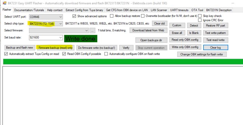 Screenshot of BK7231 Easy UART Flasher showing the message “Write done”