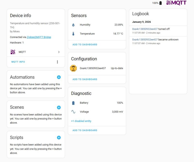Home Assistant screenshot showing ZSS‑S01‑TH sensor data: humidity, temperature, and battery status