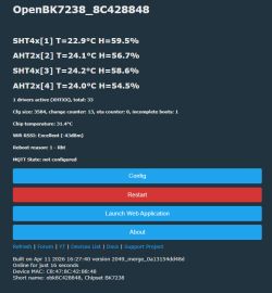 Screenshot of the OpenBK7238 dashboard showing SHT4x and AHT2x temperature/humidity readings and Config/Restart buttons.