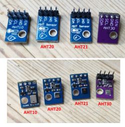 AHT10-AHT30 Temperature and Humidity Sensors Images of AHT10, AHT20, AHT21, and AHT30 sensors with visible pin labels.