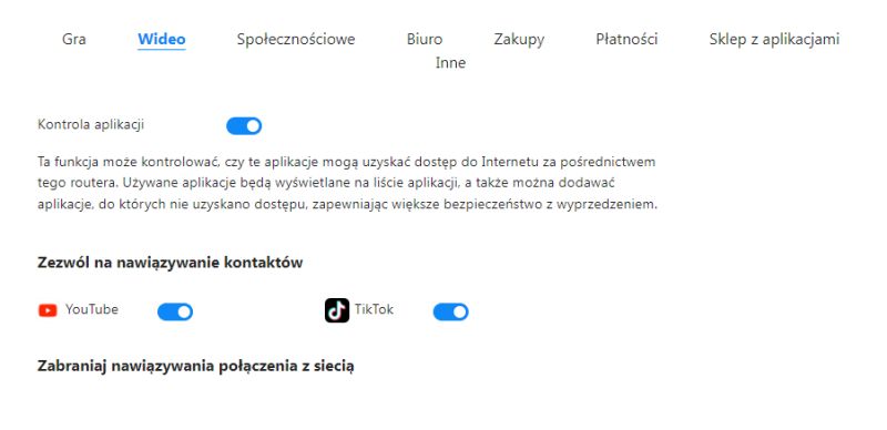 Panel kontroli aplikacji z włączonym dostępem do YouTube i TikTok