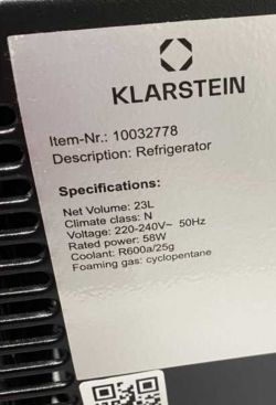 Etykieta lodówki Klarstein z danymi technicznymi