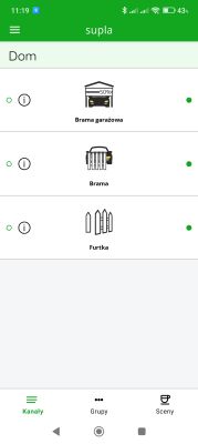 Aplikacja Supla z trzema ikonami: brama garażowa, brama i furtka