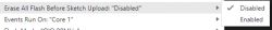 Screenshot of Arduino settings with Erase All Flash Before Sketch Upload set to Disabled.