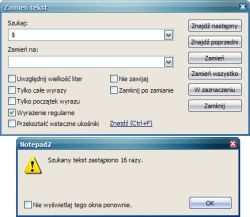 Okno zamiany tekstu w Notepad2 z wybraną opcją wyrażeń regularnych