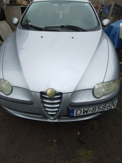 Przód srebrnego samochodu Alfa Romeo z widoczną tablicą rejestracyjną i charakterystycznym logo na masce.