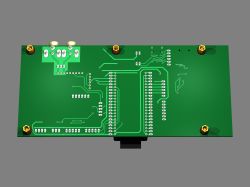 Render of a printed circuit board (PCB) showing traces and soldering points.