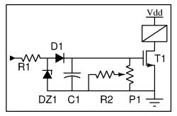 Schemat elektroniczny układu z diodą Zenera, rezystorami, kondensatorem i tranzystorem.