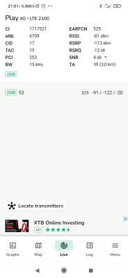 Zrzut ekranu z aplikacji pokazujący parametry sieci LTE 2100 operatora Play