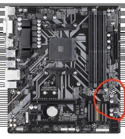 Płyta główna Gigabyte B450M DS3H z zaznaczonym obszarem