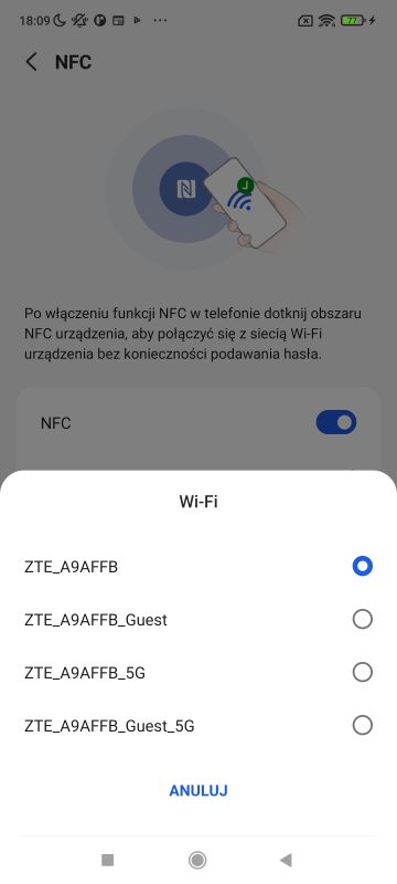 Ekran ustawień NFC z wyborem sieci Wi-Fi ZTE_A9AFFB i jej wariantów gościnnych oraz 5G