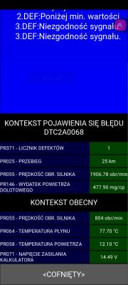 Zrzut ekranu z danymi diagnostycznymi Renault Scenik 2.