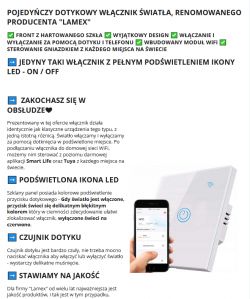 WiFi Touch Light Switch LAMEX with LED Lighting Single-zone touch light switch with WiFi, promoted as a product from LAMEX, featuring a prominently lit LED button and mobile app control capability.