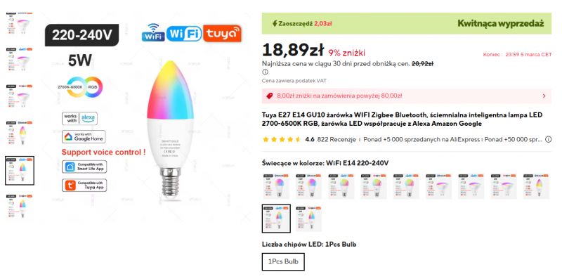 Colorful E14 Tuya LED bulb with WiFi and Zigbee features.