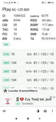 Zrzut ekranu aplikacji z parametrami sieci LTE 800 dla operatora Play